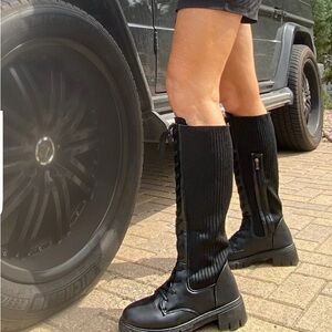 Wanted Teamwork Black Knee-High Lace-Up Boots